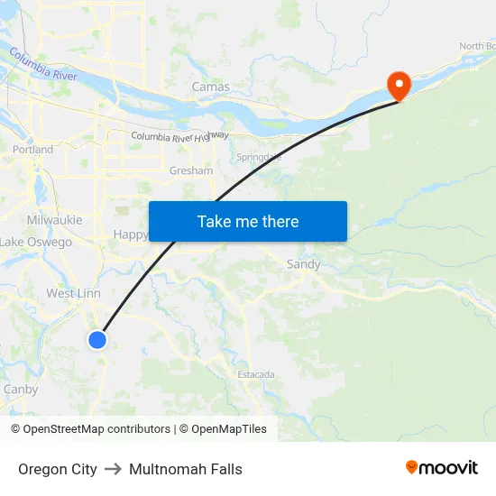 Oregon City to Multnomah Falls map
