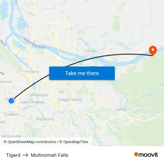 Tigard to Multnomah Falls map