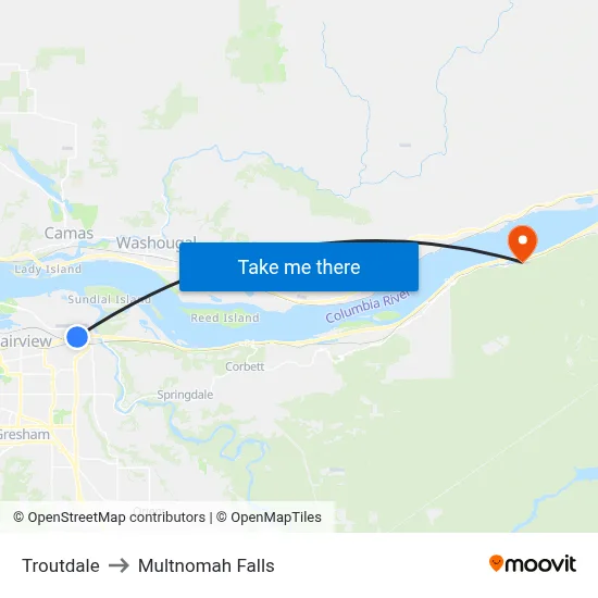 Troutdale to Multnomah Falls map