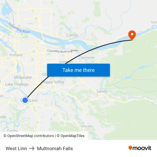 West Linn to Multnomah Falls map
