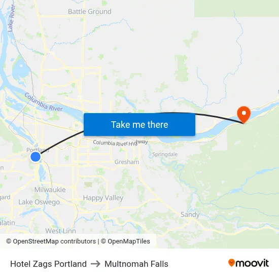 Hotel Zags Portland to Multnomah Falls map