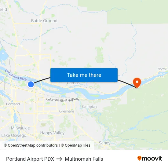 Portland Airport PDX to Multnomah Falls map