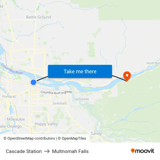 Cascade Station to Multnomah Falls map