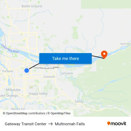 Gateway Transit Center to Multnomah Falls map