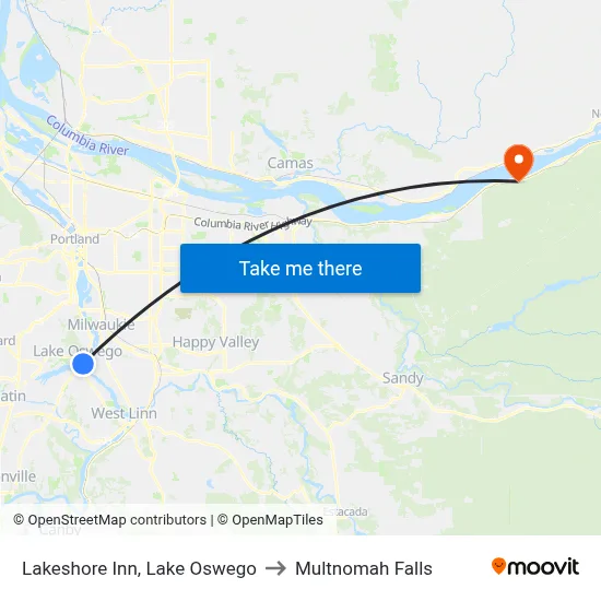 Lakeshore Inn, Lake Oswego to Multnomah Falls map