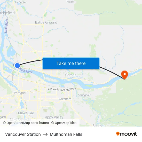 Vancouver Station to Multnomah Falls map