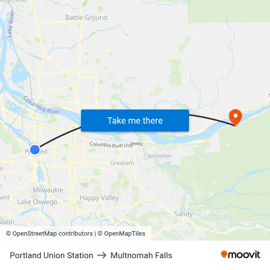 Portland Union Station to Multnomah Falls map