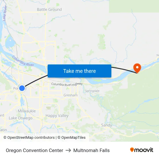 Oregon Convention Center to Multnomah Falls map