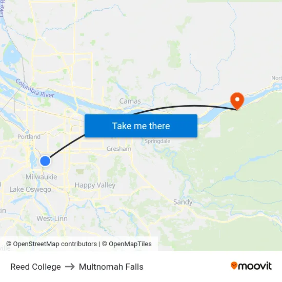 Reed College to Multnomah Falls map
