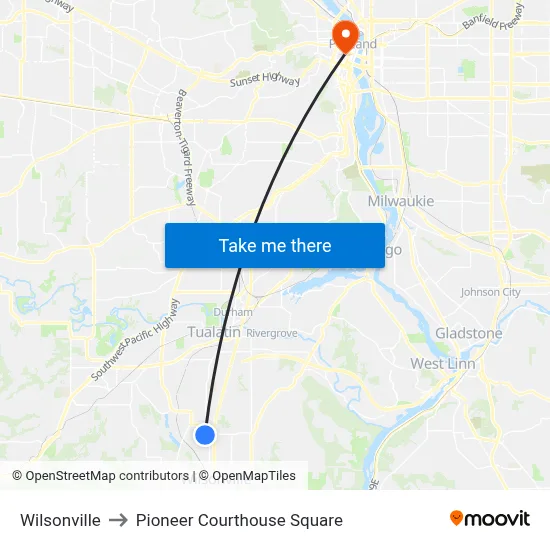 Wilsonville to Pioneer Courthouse Square map