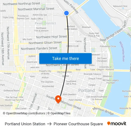 Portland Union Station to Pioneer Courthouse Square map