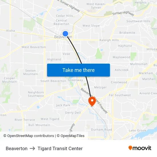 Beaverton to Tigard Transit Center map