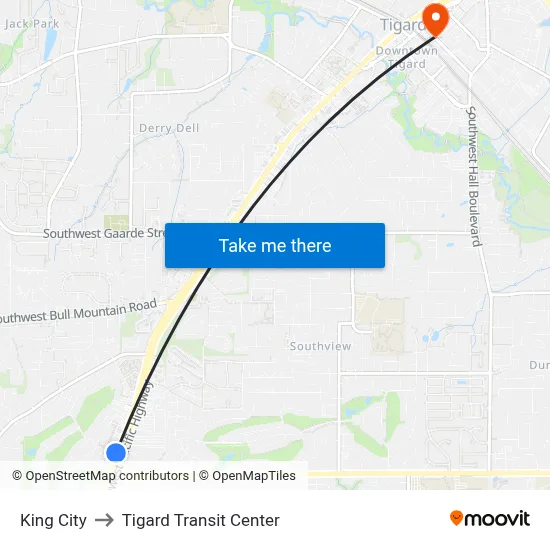 King City to Tigard Transit Center map