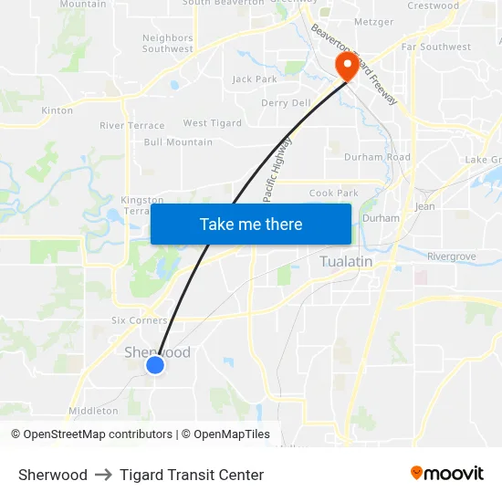 Sherwood to Tigard Transit Center map