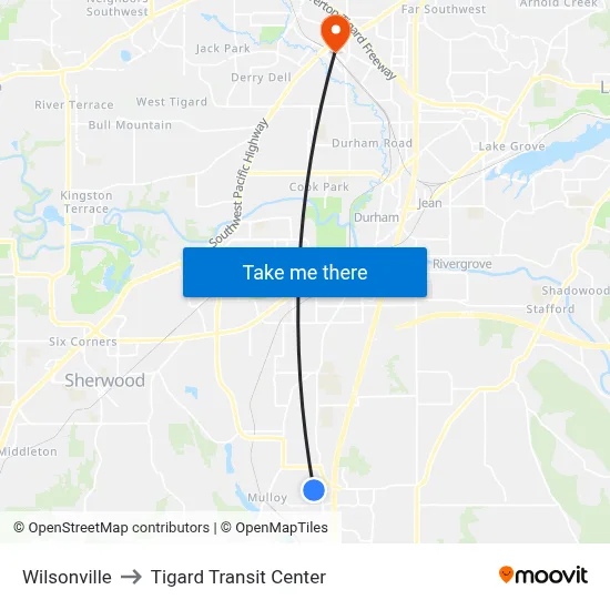 Wilsonville to Tigard Transit Center map