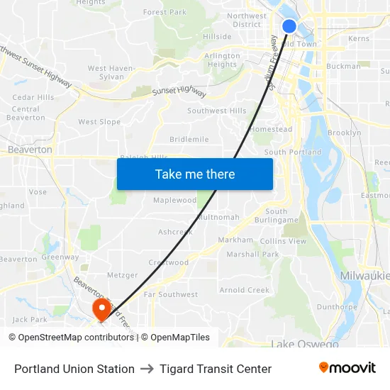 Portland Union Station to Tigard Transit Center map