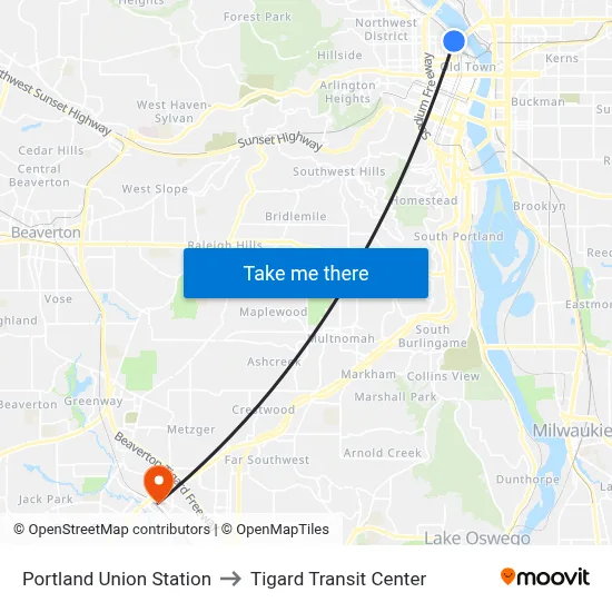 Portland Union Station to Tigard Transit Center map