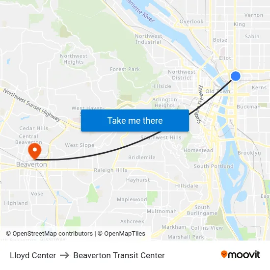 Lloyd Center to Beaverton Transit Center map
