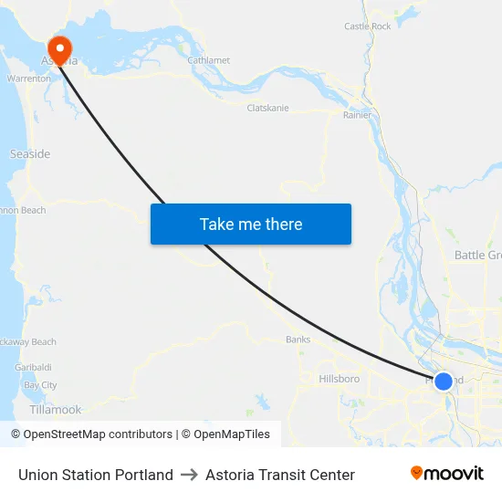 Union Station Portland to Astoria Transit Center map