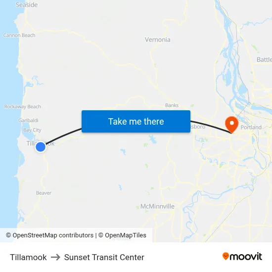 Tillamook to Sunset Transit Center map