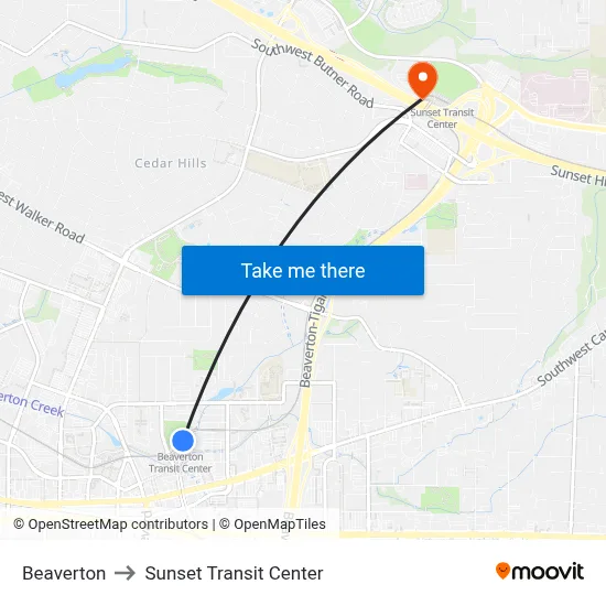 Beaverton to Sunset Transit Center map