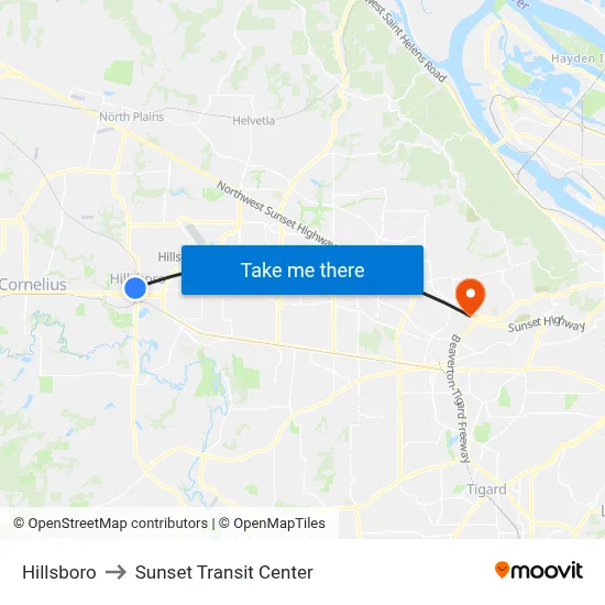 Hillsboro to Sunset Transit Center map