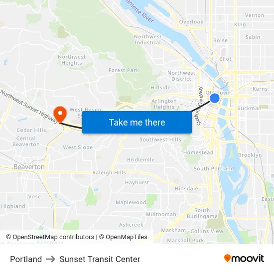 Portland to Sunset Transit Center map