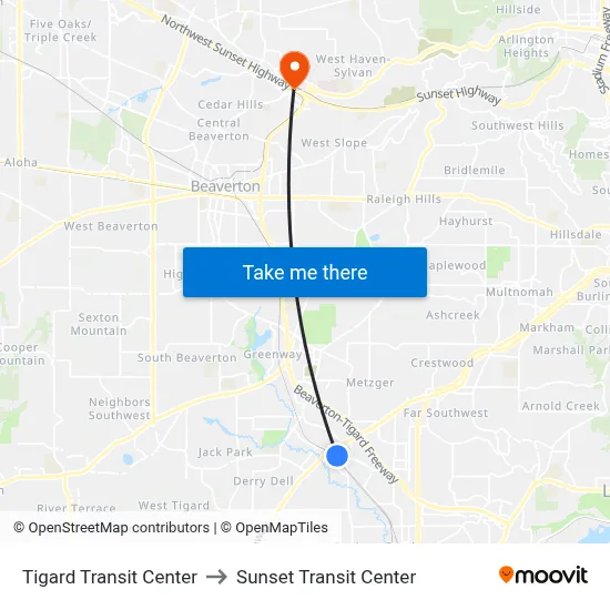 Tigard Transit Center to Sunset Transit Center map