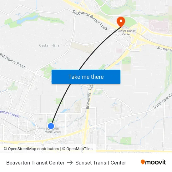 Beaverton Transit Center to Sunset Transit Center map