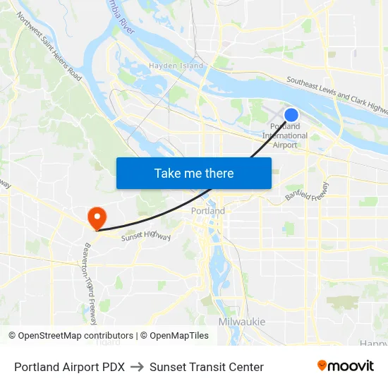 Portland Airport PDX to Sunset Transit Center map