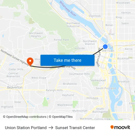 Union Station Portland to Sunset Transit Center map