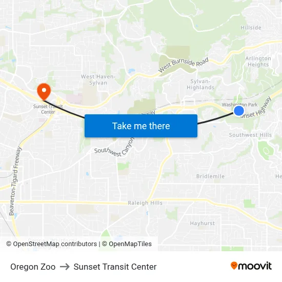 Oregon Zoo to Sunset Transit Center map