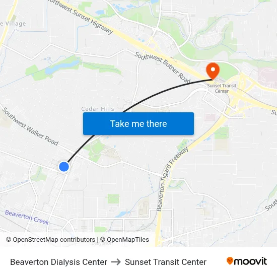 Beaverton Dialysis Center to Sunset Transit Center map