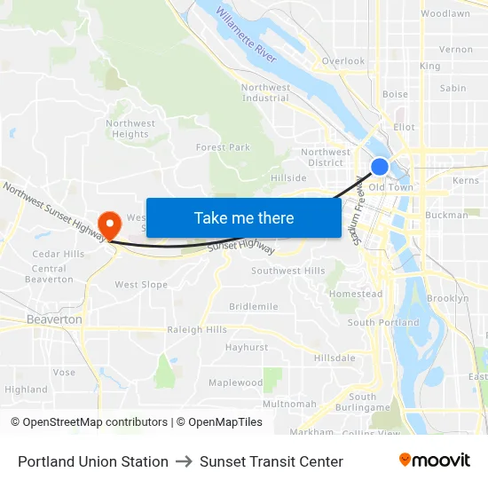 Portland Union Station to Sunset Transit Center map