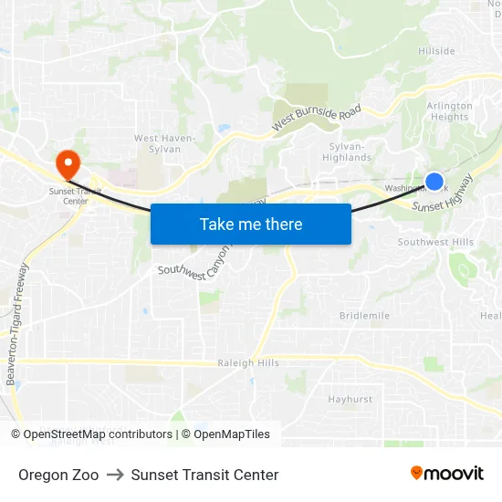 Oregon Zoo to Sunset Transit Center map