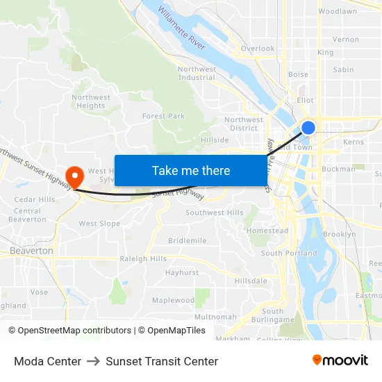 Moda Center to Sunset Transit Center map