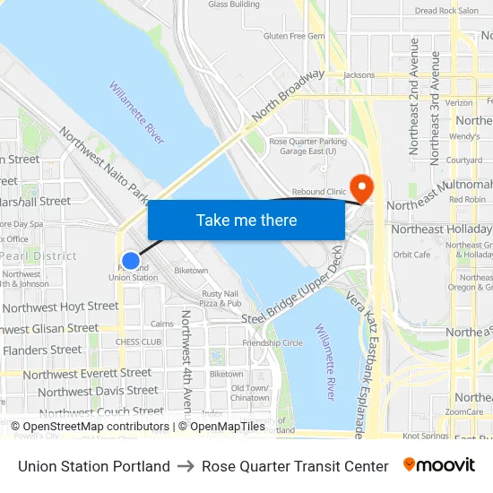 Union Station Portland to Rose Quarter Transit Center map
