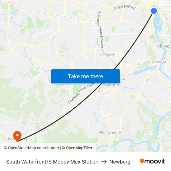 South Waterfront/S Moody Max Station to Newberg map