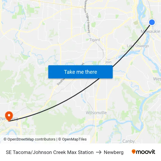 SE Tacoma/Johnson Creek Max Station to Newberg map