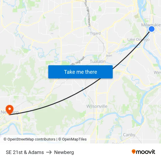 SE 21st & Adams to Newberg map