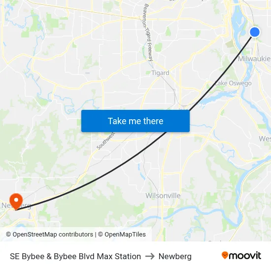 SE Bybee & Bybee Blvd Max Station to Newberg map