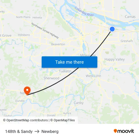 148th & Sandy to Newberg map