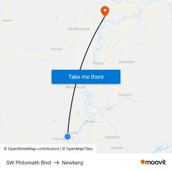 SW Philomath Blvd to Newberg map