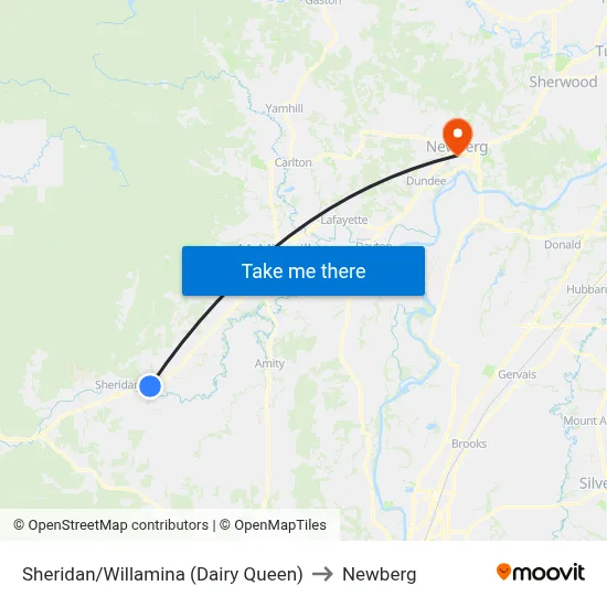 Sheridan/Willamina (Dairy Queen) to Newberg map