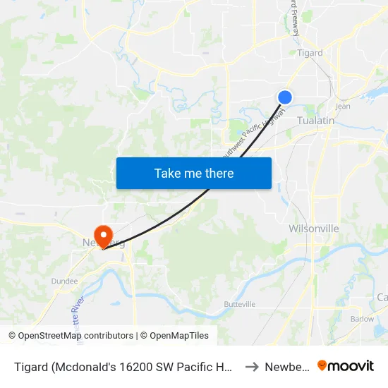 Tigard (Mcdonald's 16200 SW Pacific Hwy) to Newberg map