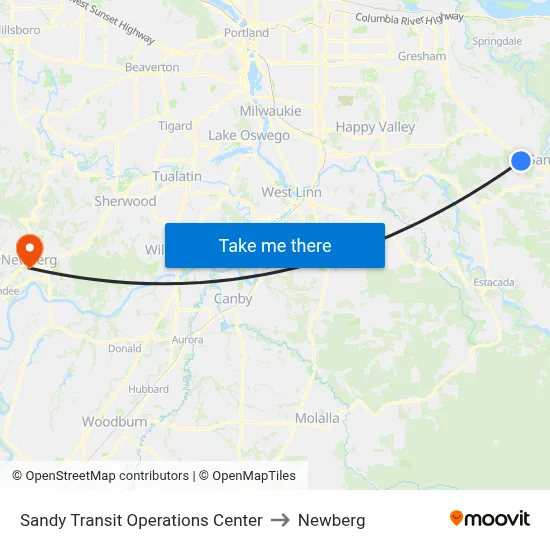 Sandy Transit Operations Center to Newberg map