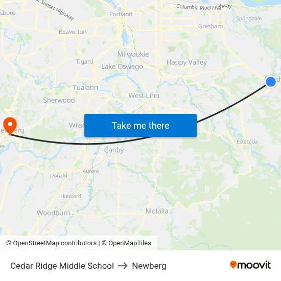 Cedar Ridge Middle School to Newberg map