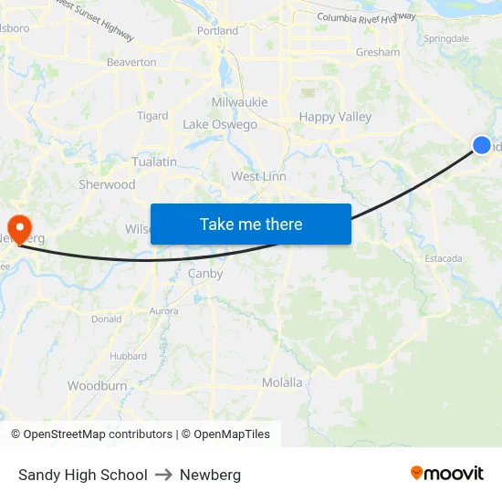 Sandy High School to Newberg map