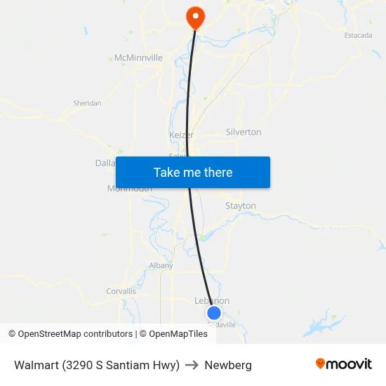Walmart (3290 S Santiam Hwy) to Newberg map