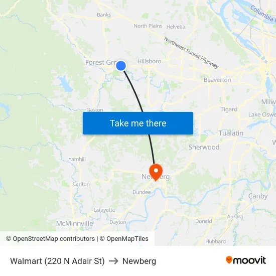 Walmart (220 N Adair St) to Newberg map